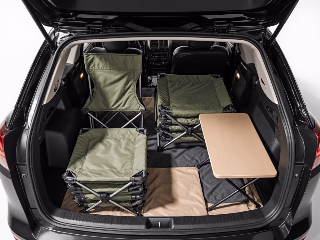Flat-pack camp furniture layout showing nested chairs and tables in vehicle trunk