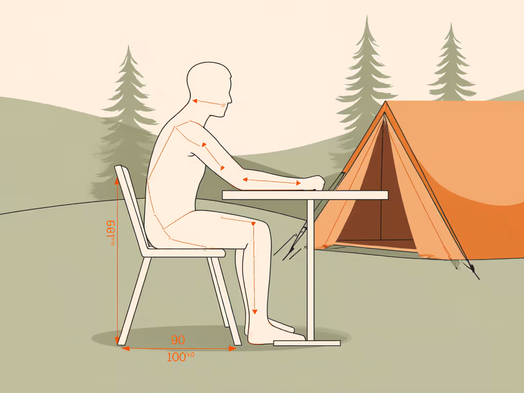 illustration of seated adult showing ideal knee angle and elbow height relative to table surface
