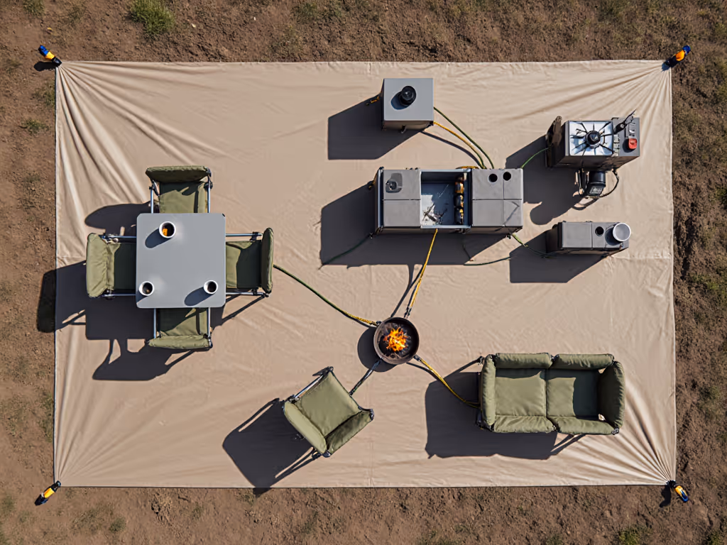 Modular camp layout showing dining, kitchen, and lounge zones with tie-down points