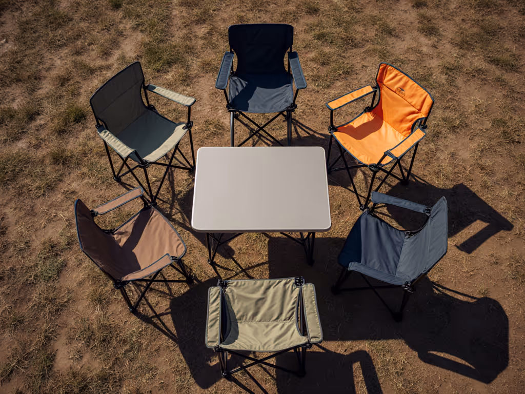 camping chairs arranged around campsite with table at matching height