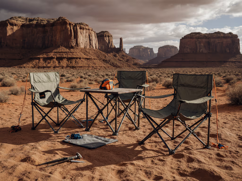 rocky desert campsite with anchored furniture setup
