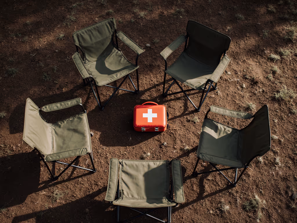 stable_camp_seating_arrangement_with_emergency_first_aid_kit_strategically_positioned_near_seating_area